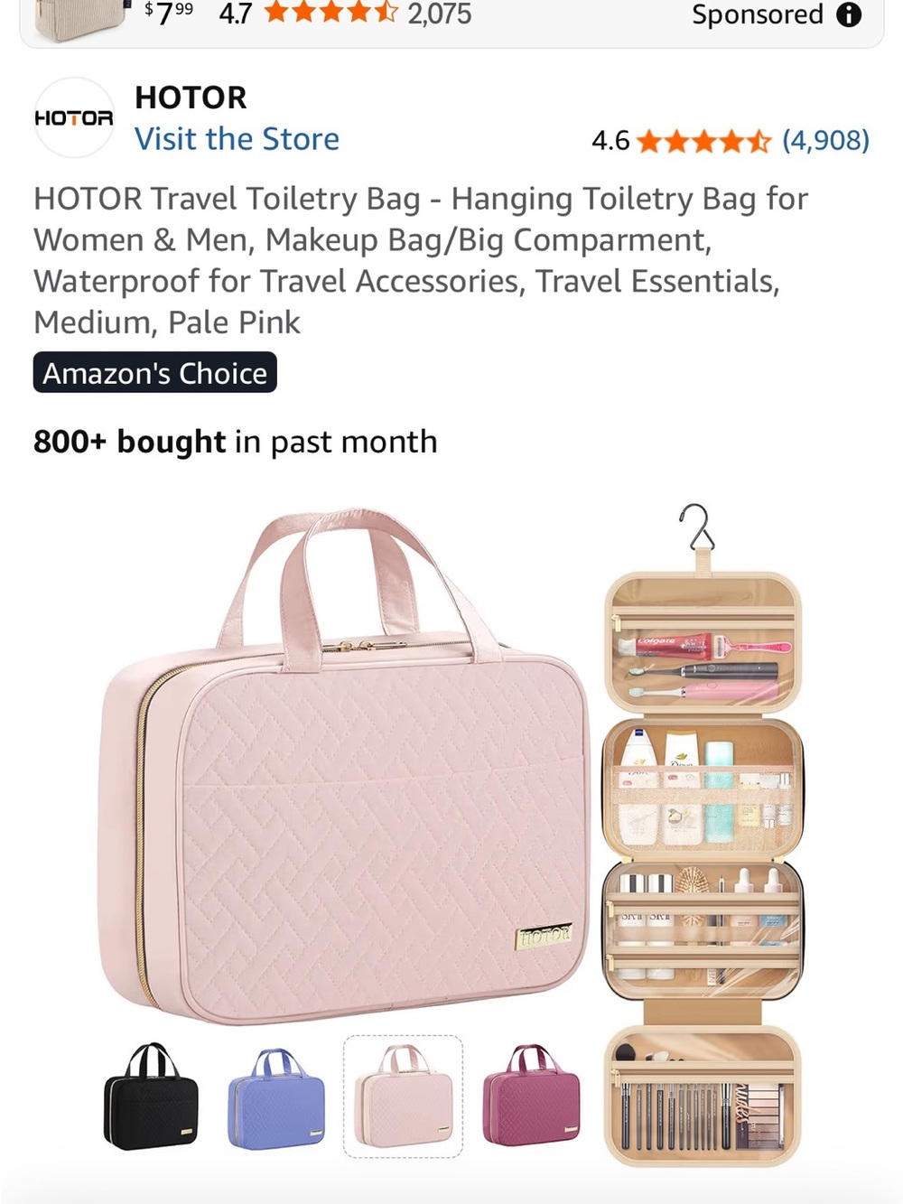 HOTOR Pale Pink Quilted Travel Toiletry Bag